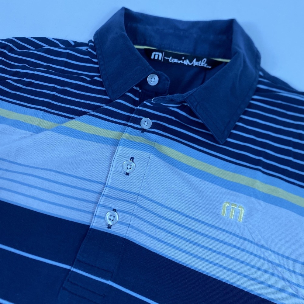 TravisMathew Polo Shirt Mens Medium‎ Blue Striped Golf Short Sleeve Logo